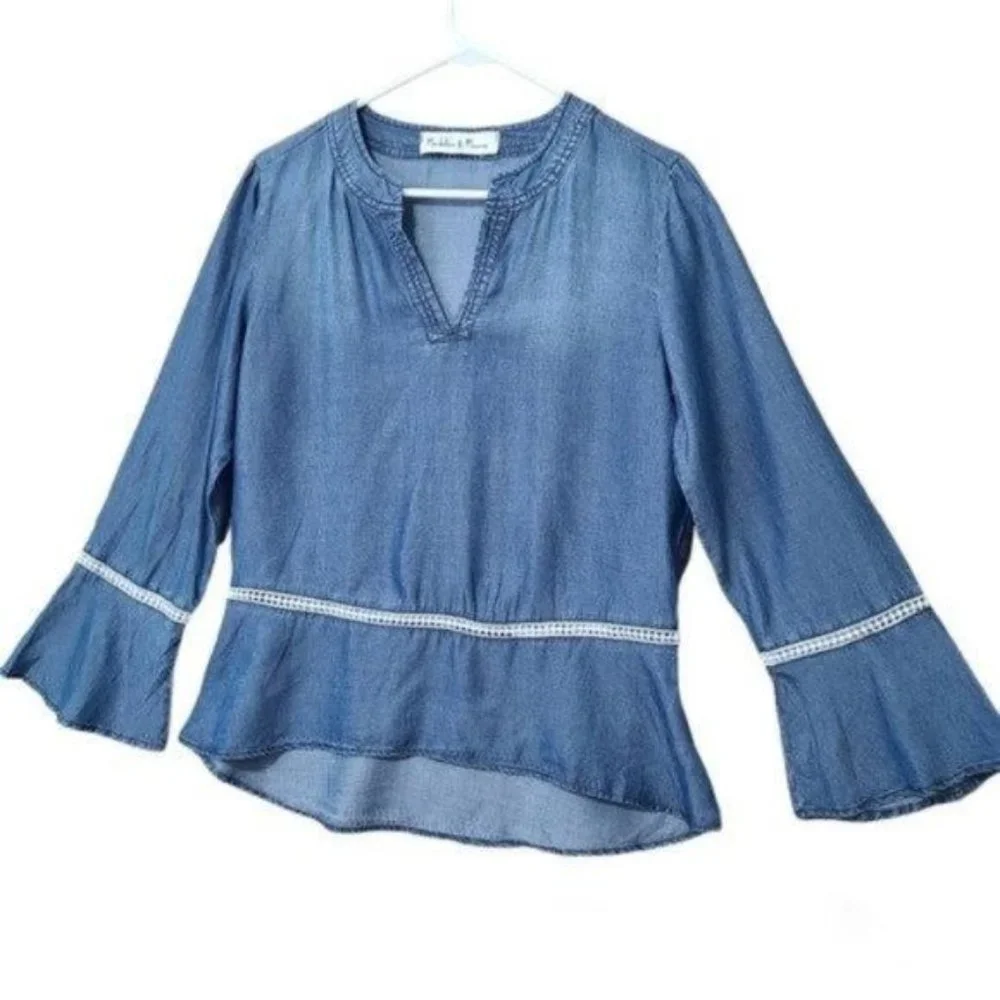 Madeline & Monroe Blouse Blue Chambray, Bell Sleeves Top Size S